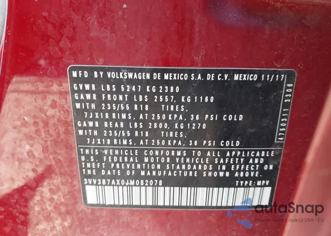 2018 Volkswagen Tiguan 2.0T Se/2.0T Sel из США, поврежденный, VIN 3VV3B7AX0JM082078